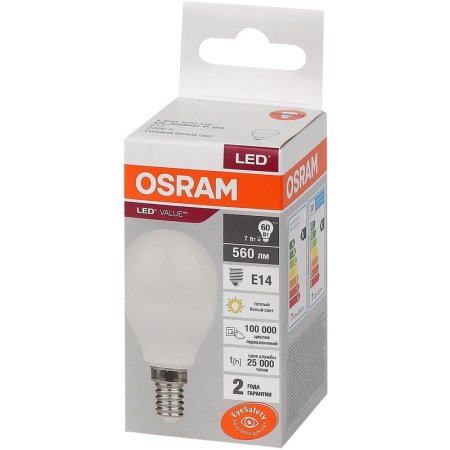 Лампа светодиодная Osram 7 Вт Е14 (Р, 3000 К, 560 Лм, 220 В,  4058075579620)