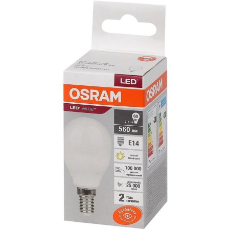 Лампа светодиодная Osram 7 Вт Е14 (Р, 3000 К, 560 Лм, 220 В,  4058075579620)