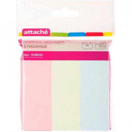 Клейкие закладки Attache бумажные 3 цвета по 100 листов 25х76 мм
