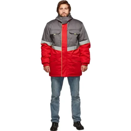 Куртка рабочая зимняя мужская з43-КУ с СОП серая/красная из ткани твил  (размер 52-54, рост 158-164)