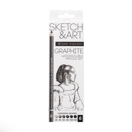Набор чернографитных карандашей (2-12B) заточенных Sketch&Art  четырехгранных (6 штук в наборе)