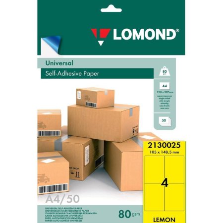 Этикетки самоклеящиеся Lomond А4 105х148 мм 4 штуки на листе желтые (50  листов в упаковке)