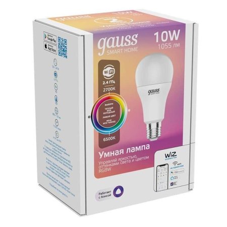 Лампа светодиодная умная Gauss Smart Home груша 10Вт E27 2700-6500K   1055Лм 220-240В 1180112