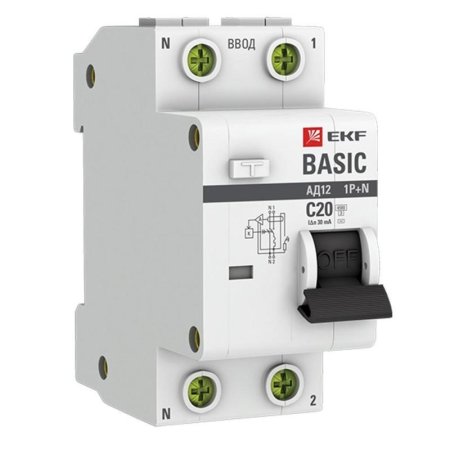 Выключатель автоматический дифференциальный EKF Basic 1п 20А С 30мА АC  (DA12-20-30-bas)