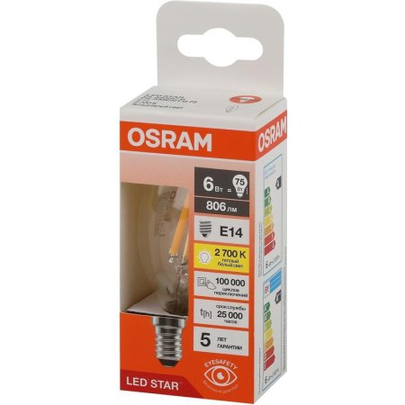 Лампа светодиодная Osram 6 Вт E14 (В, 2700 К, 806 Лм, 220 В,  4058075684812)