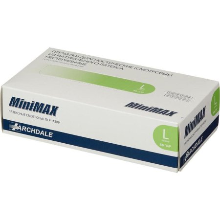 Перчатки медицинские смотровые латексные MiniMax нестерильные опудренные размер L (100 штук в упаковке)