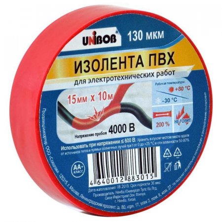 Изолента Unibob ПВХ красная 15 мм х 10 м красная