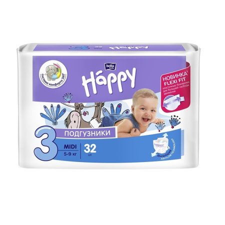 Подгузники Bella Baby Happy размер 3 (M) 5-9 кг (32 штуки в упаковке)