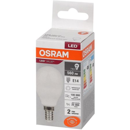 Лампа светодиодная Osram 7 Вт Е14 (Р, 4000 К, 560 Лм, 220 В,  4058075579651)