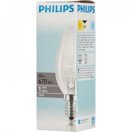 Лампа накаливания Philips 60 Вт E14 свеча прозрачная 2700 К теплый белый свет