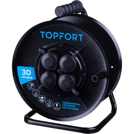 Удлинитель на катушке металл TOPFORT КГ 3x2.5 кв.мм. 30 м 16 А 3500 Вт   IP44 с  заземлением 4 розетки