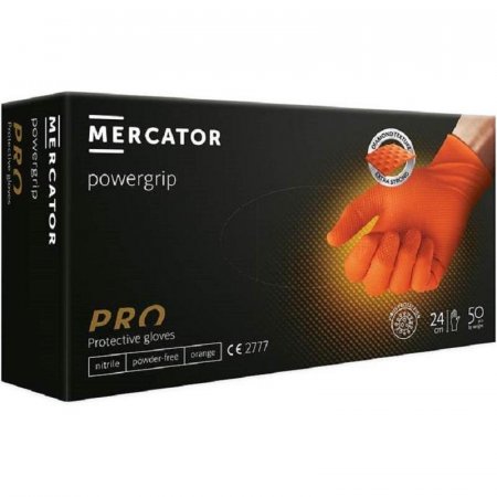 Перчатки одноразовые особопрочные Mercator Powergrip нитрил неопудренные  оранжевые (размер XXL, 50 штук/25 пар в упаковке)
