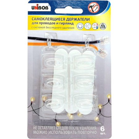 Держатель для проводов и гирлянд Unibob самоклеящийся прозрачный до 0.4  кг (6 штук)