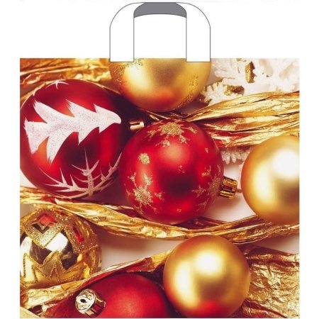 Пакет подарочный полиэтиленовый новогодний горизонтальный Игрушки с  мишурой (34х3х38 см)