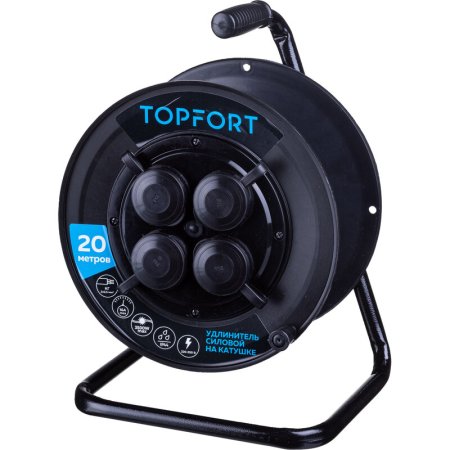 Удлинитель на катушке пластик TOPFORT КГ 2x2.5 кв.мм. 20 м 16 А 3500 Вт   IP44 без  заземления 4 розетки