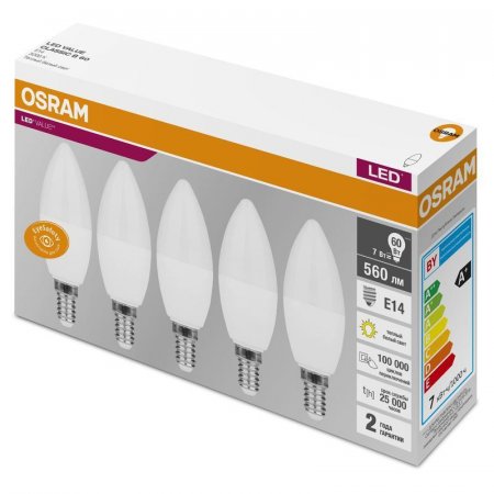 Лампа светодиодная Osram 7 Вт E14 свеча 3000 К теплый белый свет (5 штук  в упаковке)