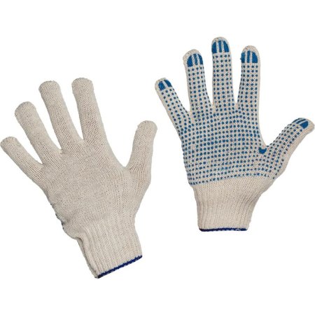 Перчатки рабочие защитные хлопок/полиэфир с ПВХ покрытием белые (точка,  6 нитей,  7 класс, универсальный размер, 200 пар в упаковке)