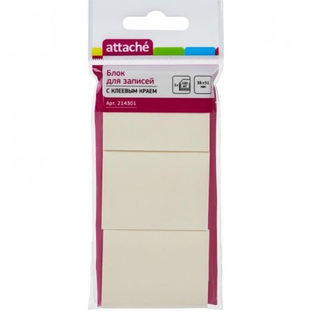 Стикеры Attache 38x51 мм желтые пастельные 3 блока по 100 листов