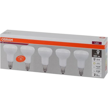Лампа светодиодная Osram 7 Вт Е14 (R, 3000 К, 560 Лм, 220 В, 5 штук в  упаковке, 4058075583931)