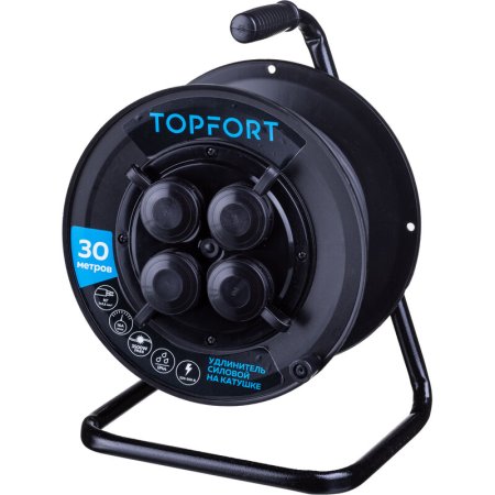 Удлинитель на катушке пластик TOPFORT КГ 2x2.5 кв.мм. 30 м 16 А 3500 Вт   IP44 без  заземления 4 розетки