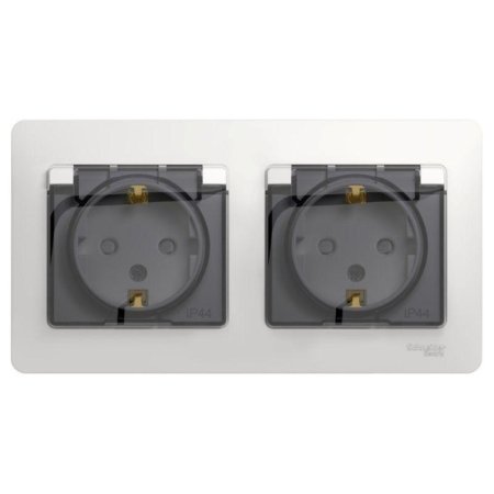 Розетка Schneider Electric Glossa двухместная с заземлением и защитными  шторками 16А IP44 с рамкой скрытого монтажа белая/серая (GSL000147) Розетка Schneider Electric Glossa двухместная с заземлением и защитными  шторками 16А IP44 с рамкой скрытого монтажа белая/серая (GSL000147)