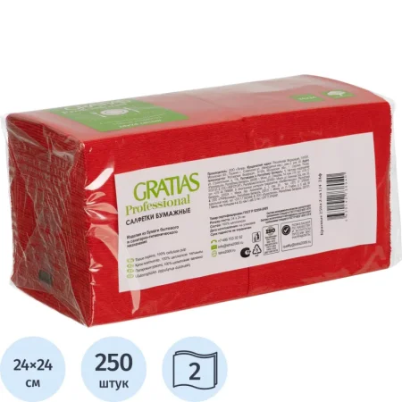 Салфетки бумажные Gratias 2-слойные 24x24 см красные (250 листов в  пачке)