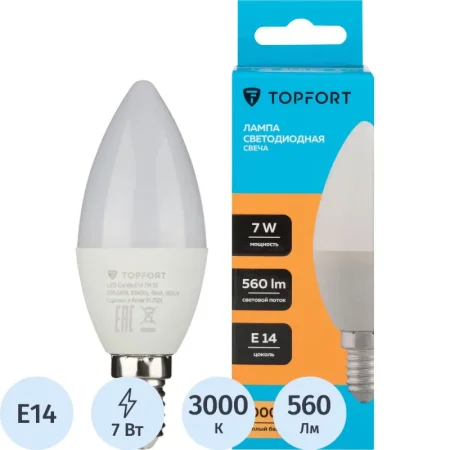 Лампа светодиодная TOPFORT 7 Вт E14 (C, 3000 K, 560 Лм, 220 В)