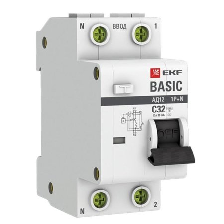 Выключатель автоматический дифференциальный EKF Basic 1п 32А С 30мА АC  (DA12-32-30-bas)
