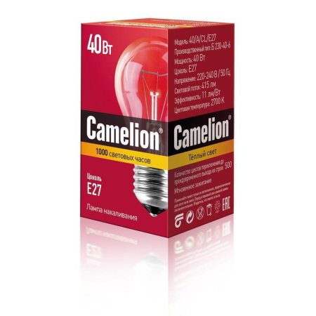 Лампа накаливания Camelion 40 Вт E27 грушевидная прозрачная 2700 K теплый белый свет