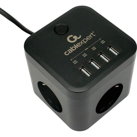 Сетевой фильтр Cablexpert Cube на 3 розетки 1.5 метра + 4 USB  (CUBE-3-U4-B-1.5)