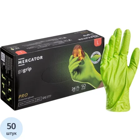 Перчатки одноразовые Gogrip Green нитриловые особопрочные зелёные  (размер L, 50 штук/25 пар в упаковке)