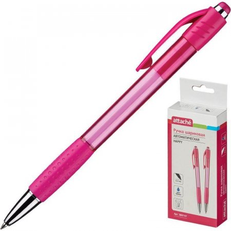 Ручка шариковая автоматическая Attache Happy синяя (розовый корпус, толщина линии 0.5 мм)