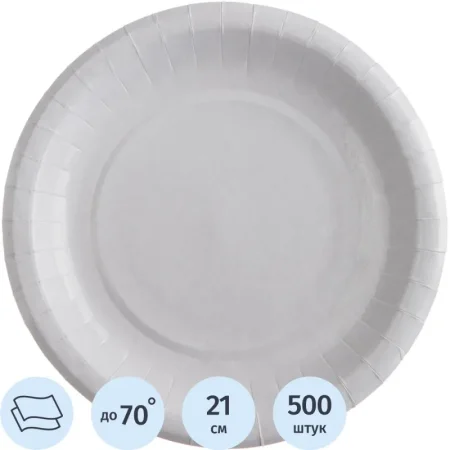 Тарелка одноразовая бумажная ламинированная 210 мм белая 500 штук в  упаковке Тарелка одноразовая бумажная ламинированная 210 мм белая 500 штук в  упаковке