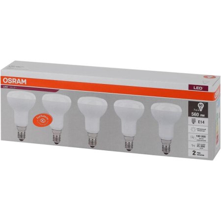 Лампа светодиодная Osram 7 Вт E14 (R, 4000 К, 560 Лм, 220 В, 5 штук в  упаковке, 4058075583962)