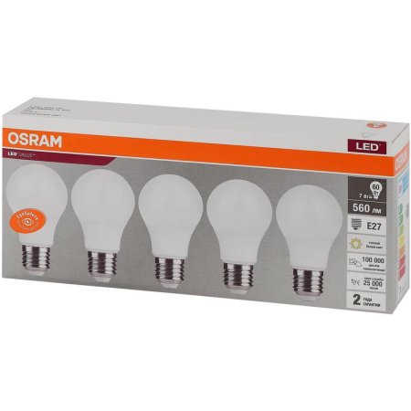 Лампа светодиодная Osram 7 Вт Е27 (А, 3000 К, 560 Лм, 220 В, 5 штук в  упаковке, 4058075577626)