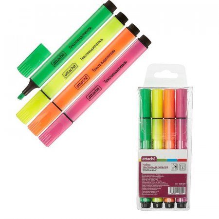 Набор текстовыделителей Attache (толщина линии 1-4 мм, 4 цвета: розовый, желтый, зеленый, оранжевый)