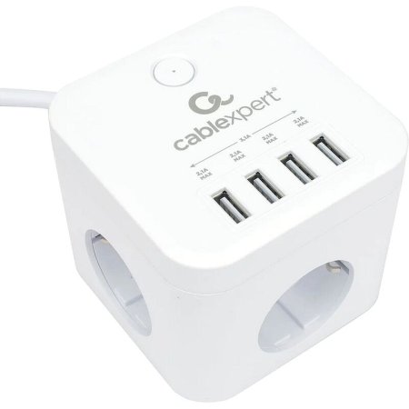 Сетевой фильтр Cablexpert Cube на 3 розетки 1.5 метра + 4 USB  (CUBE-3-U4-W-1.5)