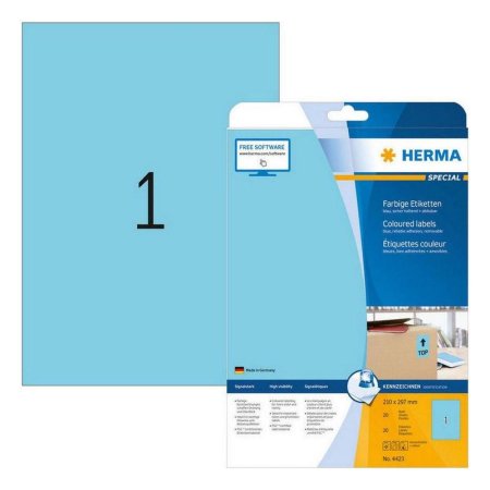Этикетки самоклеящиеся Herma голубые 210х297 мм (1 штука на листе А4, 20  листов в упаковке)