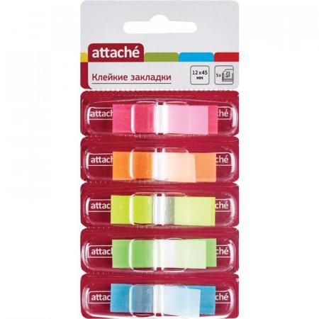 Клейкие закладки Attache пластиковые 5 цветов по 25 листов 12x45 мм в диспенсерах