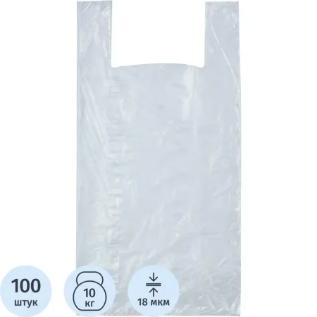 Пакет-майка ПНД 18 мкм прозрачный (32+20x68 см, 100 штук в упаковке)