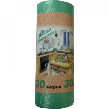 Мешки для мусора на 30 литров зеленые (10 мкм, 50x60 см, 30 штук в рулоне)