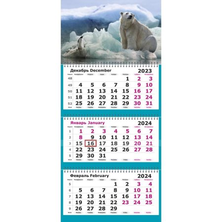 Календарь настенный 3-х блочный 2024 год Белый медведь (30.5x78 см)