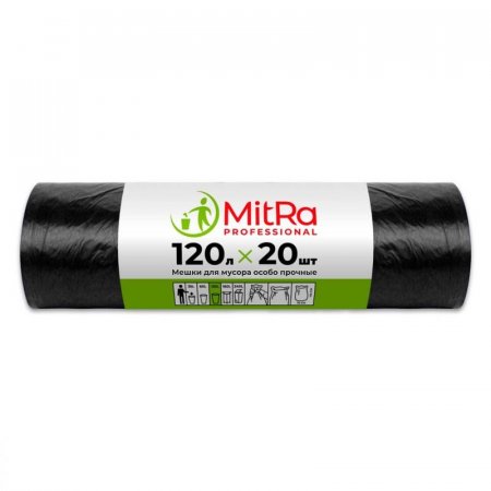 Мешки для мусора Mitra Professional 120 л черные (ПВД, 40 мкм, в рулоне  20 шт, 70х110  см)