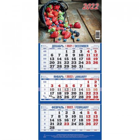 Календарь квартальный трехблочный настенный 2022 год Ягодная фантазия  (195х465 мм)