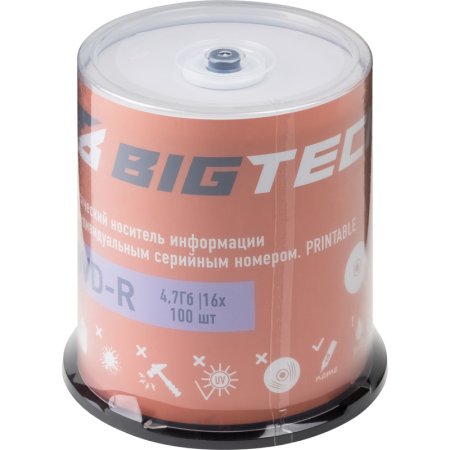 Диск DVD-R BigTech 4.7 ГБ 16x cake box YDVDRP001 (100 штук в упаковке)