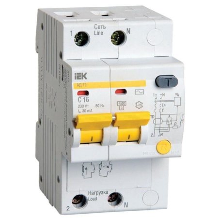 Выключатель автоматический дифференциальный IEK АД-12 2п 16А C 30мА AC  (MAD10-2-016-C-030)
