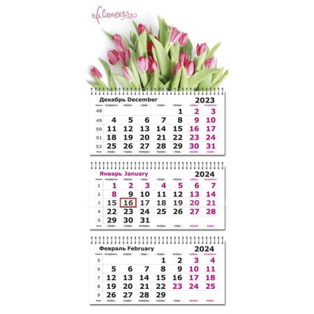 Календарь настенный 3-х блочный 2024 год Тюльпаны (30.5x69.7 см)