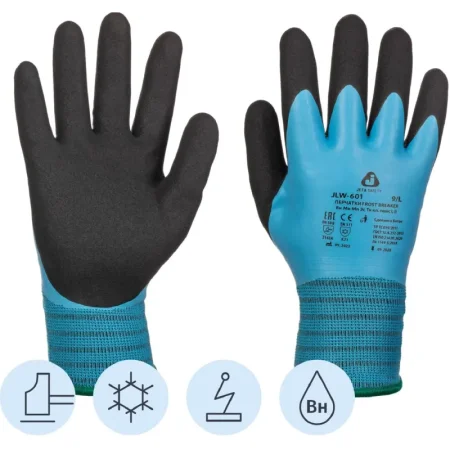 Перчатки рабочие утеплённые от проколов JetaSafety JLW-601 полиэфирные с латексным покрытием чёрные/голубые (13 нитей, 15 класс вязки, размер 9, L)
