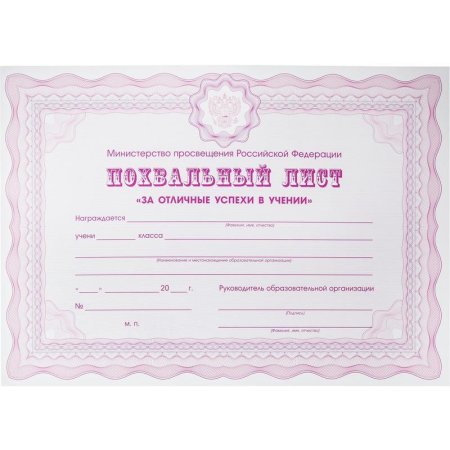 Похвальный лист За успехи в учебе МП РФ А4 250 г/кв.м 10 штук в упаковке  (фиолетовая рамка)