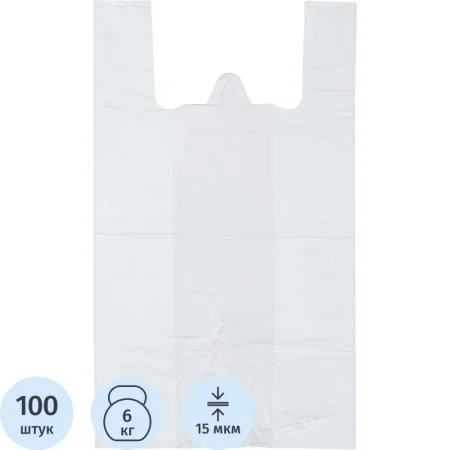 Пакет-майка ПНД 15 мкм белый (30+18х55 см, 100 штук в упаковке)